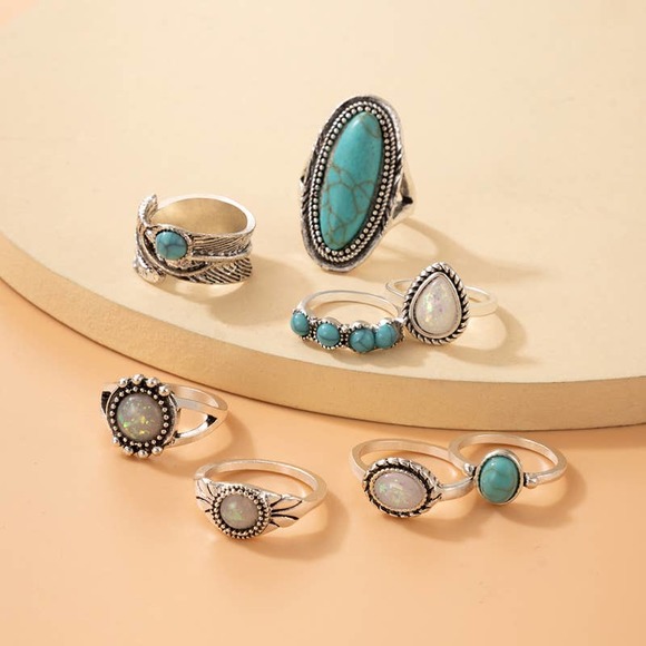 Geometric Ethnic Style Alloy Sausage Turquoise Women Rings 8 Pieces - Picture 3 of 8